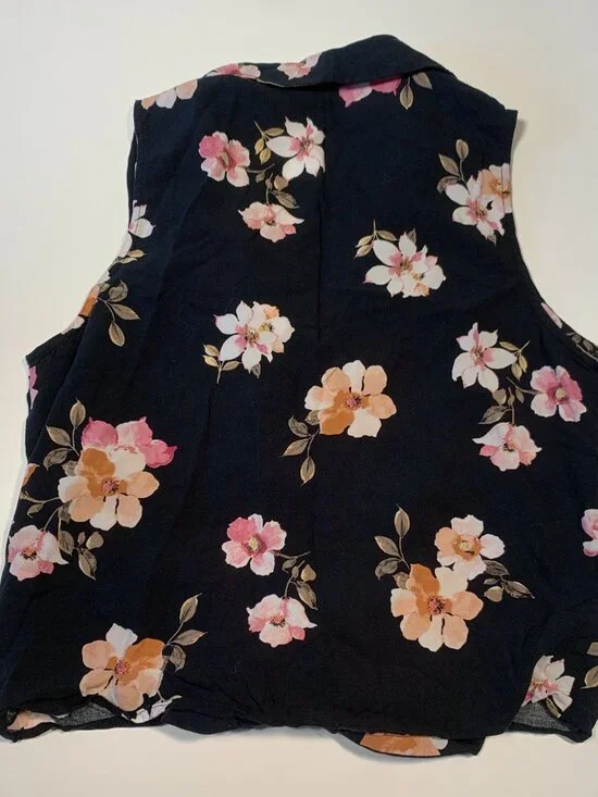 Dynamite Floral Sleeveless Blouse Tie Front Black Pink Boho Button Tank Size M - Picture 8 of 8